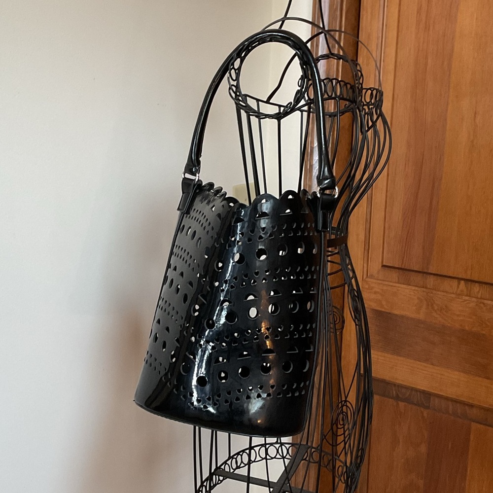 Neiman Marcus Black Perforated vegan Leather Bucket Bag - Picture 1 of 5